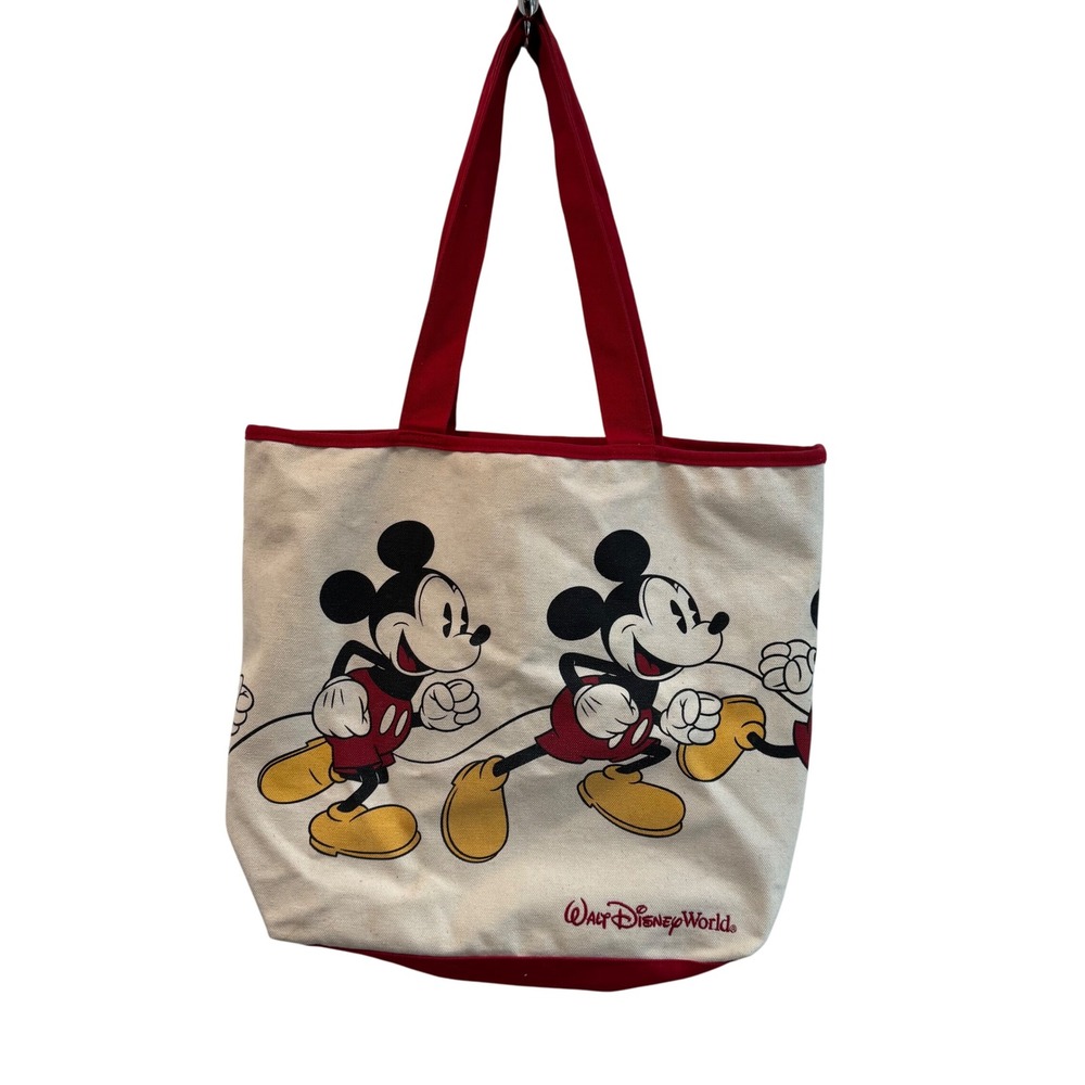 Disney Walt World Mickey Mouse Canvas Tote Bag Red Trim